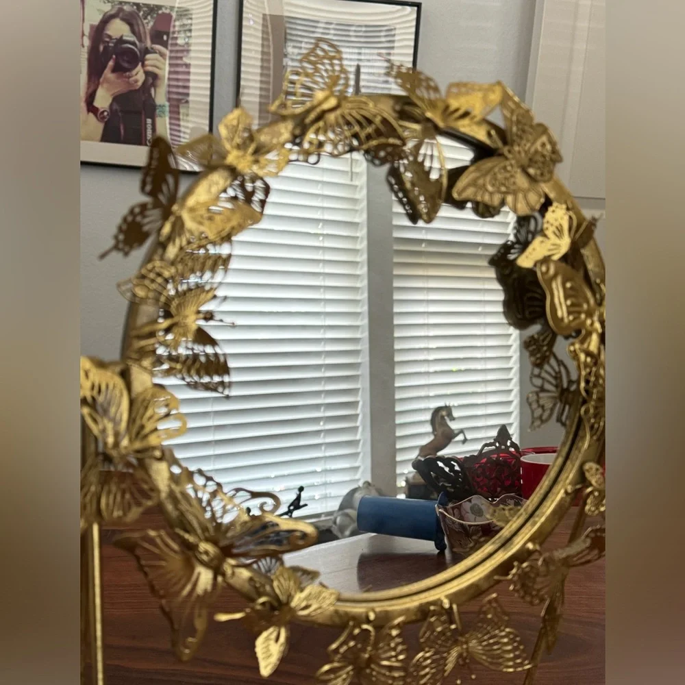 Vintage Gold Metal Round 3D Butterfly Standing Mirror